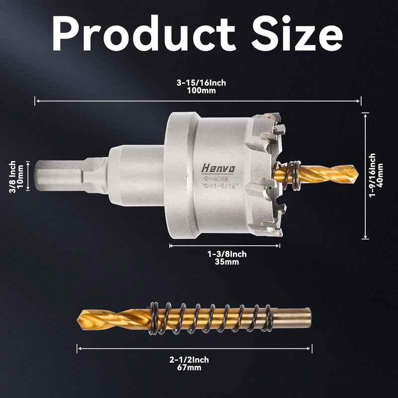 Henvo Hole Saw 1-9/16" (40mm) Heavy Duty Carbide with 2 Pilot Drill Bits - Metal Hole Cutter Cuts Stainless Steel, Iron, Copper, Brass, Plastic - Image 2